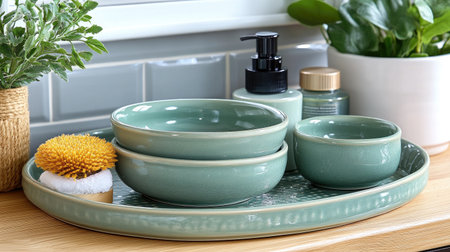 Tiered product platform in pastel tones with floating decorative elementsの素材