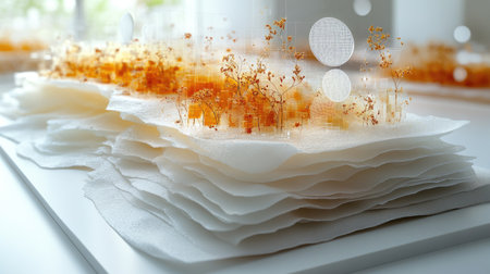 Layered display of natural packaging materials with translucent circular graphs visualizing sustainability scoreの素材
