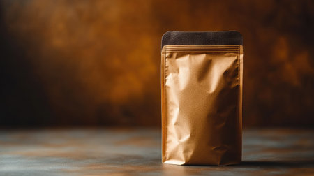 Kraft coffee bag with a resealable zip top standing on a matte background, ideal for product mockupの素材