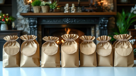 Set of kraft paper bags in different sizes aligned on a white tabletop for branding presentationの素材