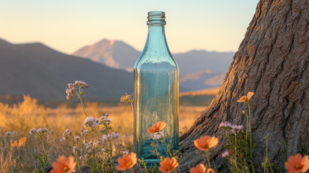 Tall glass bottle mockup leaning slightly against a tree trunk with wildflowers in foregroundの素材