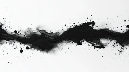 Chaotic black and white ink splatter pattern with splashes and smudges creating textureの素材