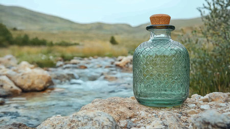 Elegant glass bottle mockup near a rocky stream with clear water flowing in the backgroundの素材