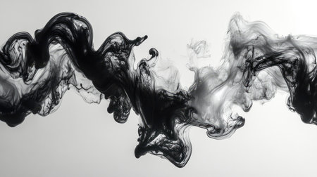 Fluid black and white ink swirling in water forming smooth abstract waves and smoky texturesの素材