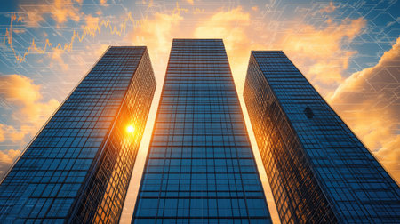 Skyscrapers under floating financial chart elements in digital wireframe styleの素材