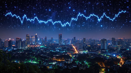 Financial growth chart glowing above a modern urban skyline, minimal color tonesの素材