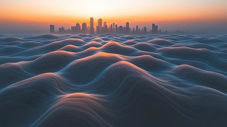 Data visualization lines flowing over a metropolitan skyline under clear skyの素材