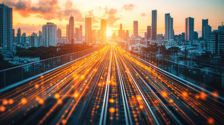 Night skyline with dynamic light trails forming financial graph shapesの素材