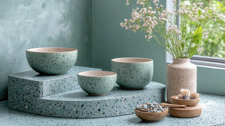 Soft pastel green product stage with abstract 3D forms and minimal propsの素材