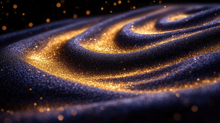 Soft sparkles swirling like fairy dust in a dreamy gradient space of purple and goldの素材