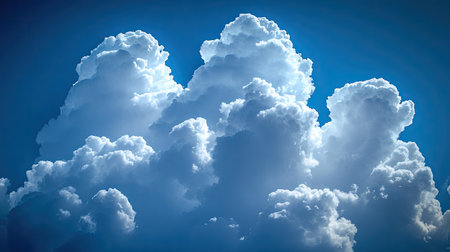 Dreamy sky with pure white cumulus clouds floating in a vibrant blue background under midday sunの素材