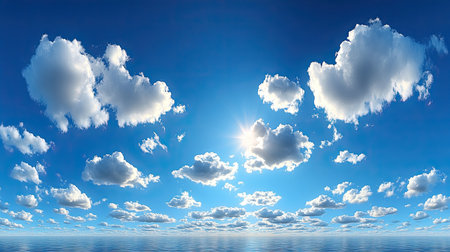Dreamy sky with pure white cumulus clouds floating in a vibrant blue background under midday sunの素材