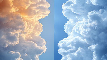 Dreamy sky with pure white cumulus clouds floating in a vibrant blue background under midday sunの素材