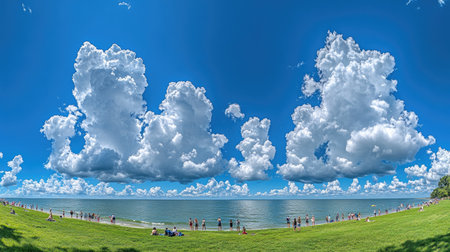 Gentle motion of bright clouds slowly drifting in a wide-open sky filled with clarityの素材