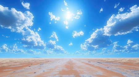 Expansive bright blue sky filled with soft, fluffy white clouds drifting calmly in a serene atmosphereの素材