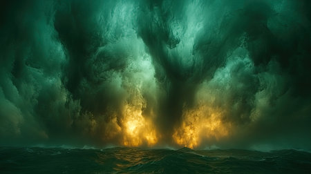 Surreal sky with painterly cloud textures swirling in a glowing cerulean backdropの素材