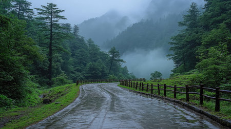 High angle capture of mountain terrain with deep greens and soft fog enveloping the lower slopesの素材