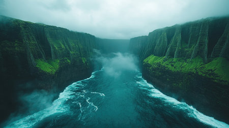 Scenic top-down view of fog-kissed mountain range blanketed in lush green vegetationの素材