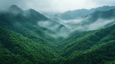 Misty green mountains from above with dense forest covering rolling hills, fog weaving through valleysの素材