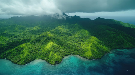 Scenic top-down view of fog-kissed mountain range blanketed in lush green vegetationの素材