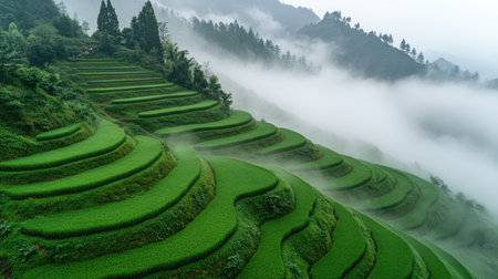 Overhead view of natural mountain layers wrapped in fog with vivid greens and hazy atmosphereの素材