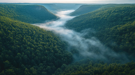 Misty green mountains from above with dense forest covering rolling hills, fog weaving through valleysの素材