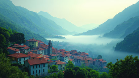 Top-down landscape of layered green mountains fading into a thick, dreamy fogの素材