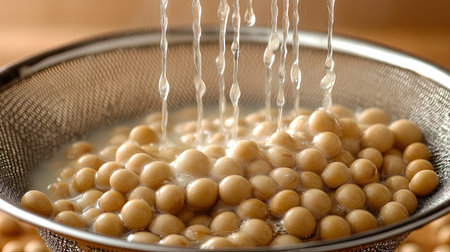 Detailed image of wet soybeans in a strainer, captured just before being blended for soy milkの素材