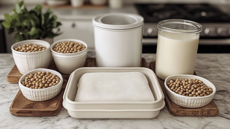 Composition of soybeans, cheesecloth, and milk container arranged for soy milk preparationの素材