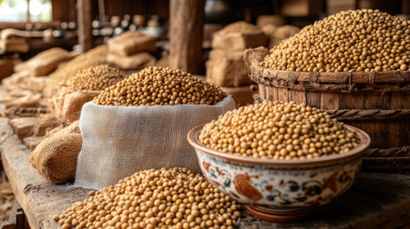 Soybean mash being filtered through fine cloth into a ceramic bowl, detailed kitchen settingの素材
