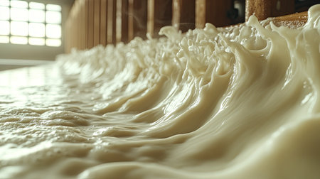 High-angle close-up of bubbling soy milk during a gentle simmer on stovetopの素材