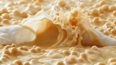 Frothy fresh soy milk pouring through muslin cloth, close-up on texture and liquid motionの素材
