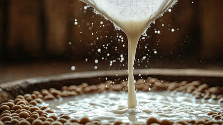 Focused shot of silky white soy milk dripping from a traditional cheesecloth filterの素材