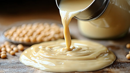 Thick soy milk being poured into a bottle from a small funnel, macro on smooth flowの素材