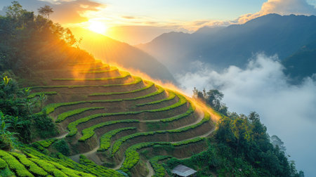 High-angle image of layered tea terraces on a hillside under bright blue morning skyの素材