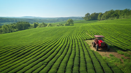 Aerial shot of symmetrical tea fields with vivid green rows stretching toward the clear skyの素材