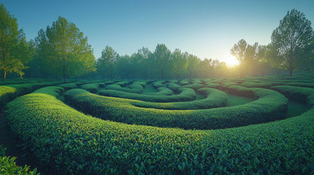 Elevated view of neatly trimmed tea plantations forming curves under a cloudless skyの素材
