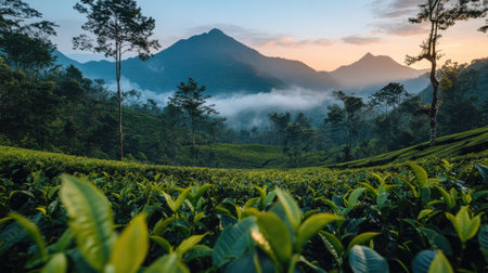 Serene hillside tea plantation bathed in sunlight beneath a wide, clear azure skyの素材