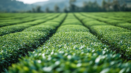 Top view of symmetrical tea fields with vibrant greens contrasting against clear skiesの素材