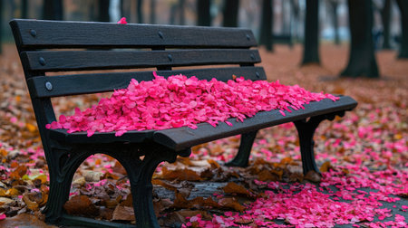 Gently layered cherry blossom petals piled on a weathered wooden bench in springtimeの素材