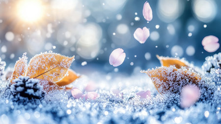 A flurry of soft pink sakura petals gently falling from cherry blossom trees under a pale blue spring skyの素材