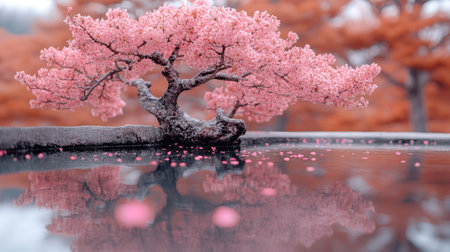 Pink cherry blossom petals floating peacefully on the surface of a still pond reflecting the skyの素材
