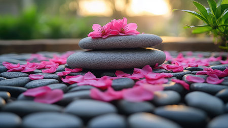 Pink cherry blossom petals sprinkled over smooth gray stones in a zen garden arrangementの素材
