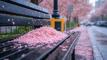 Gently layered cherry blossom petals piled on a weathered wooden bench in springtimeの素材