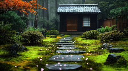 Close-up of delicate sakura petals scattered on a mossy stone pathway in a serene Japanese gardenの素材
