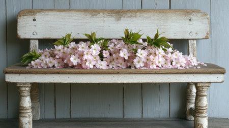 Gently layered cherry blossom petals piled on a weathered wooden bench in springtimeの素材