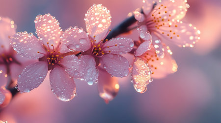 Macro shot of fresh dewdrops resting on pale pink sakura petals in morning lightの素材