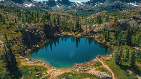 Overhead view of a delicate pastel sky mirrored in a still lake, sky barely distinguishable from its reflectionの素材