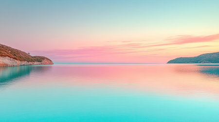 Sky glowing in pastel sherbet shades over a tranquil sea, no horizon line in sightの素材