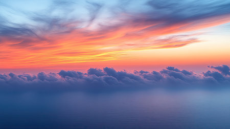 Wispy clouds drifting across a pastel peach and lilac sky in the calm of early morningの素材
